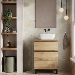 Banyetti Vatilla 600mm Floorstanding Vanity with Matching Worktop - Ostippo Oak in Light Oak - thumbnail 4