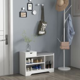 HOMCOM Upholstered Entryway Shoe Bench with Storage Drawer Open Shelf in White