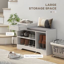 HOMCOM Upholstered Entryway Shoe Bench with Storage Drawer Open Shelf in White - thumbnail 4