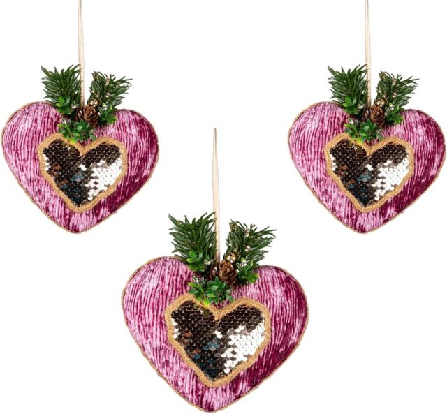 Shatchi Pink Burgundy Heart 16.5cm - Christmas Tree Hanging Decorations Ornaments Fairy Tale Themed, 3pcs - image 1