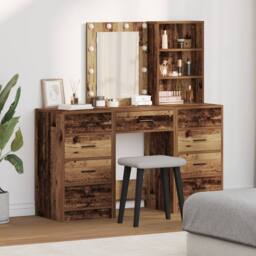 Berkfield Home 3-Piece Dressing Table Set with LED in Old Wood Finish in Brown