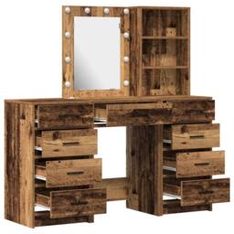 Berkfield Home 3-Piece Dressing Table Set with LED in Old Wood Finish in Brown - thumbnail 7