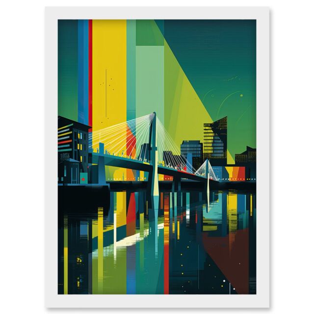 Artery8 Glasgow Bells Bridge Modern Geometric Cityscape Artwork Framed Wall Art Print A4 in White - image 1