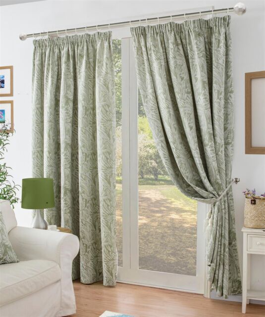 Luxury Living Chenille Jacquard Lined Pencil Pleat Curtains in Green - Size: 117 cm width x 137 cm drop - image 1