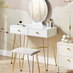 Wyld and Coco Luxe White and Gold Dressing Table LED Oval Mirror and Stool 2 Drawers - thumbnail 1