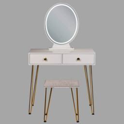 Wyld and Coco Luxe White and Gold Dressing Table LED Oval Mirror and Stool 2 Drawers - thumbnail 5
