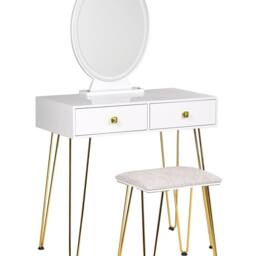 Wyld and Coco Luxe White and Gold Dressing Table LED Oval Mirror and Stool 2 Drawers - thumbnail 2