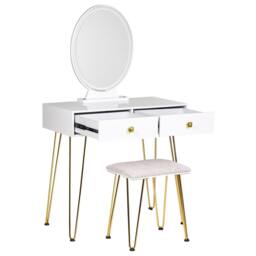 Wyld and Coco Luxe White and Gold Dressing Table LED Oval Mirror and Stool 2 Drawers - thumbnail 6