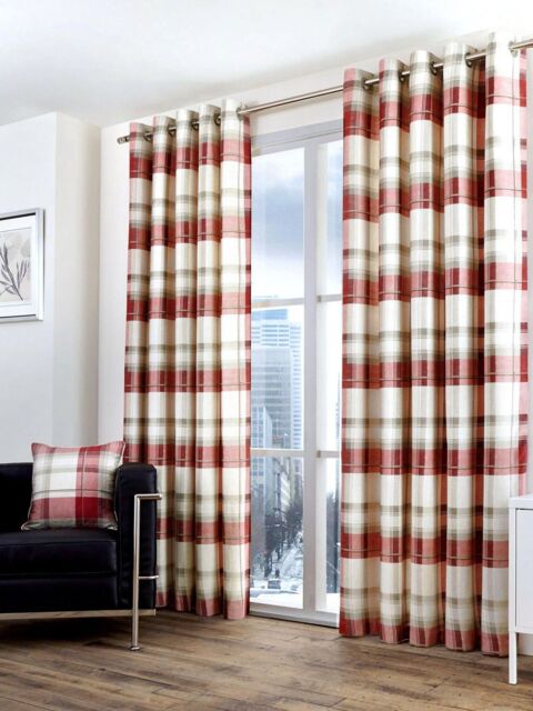 Fusion 'Balmoral Check' Country Checked Pattern Pair of Eyelet Curtains in Scarlet - Size: 117 cm width x 137 cm drop - image 1