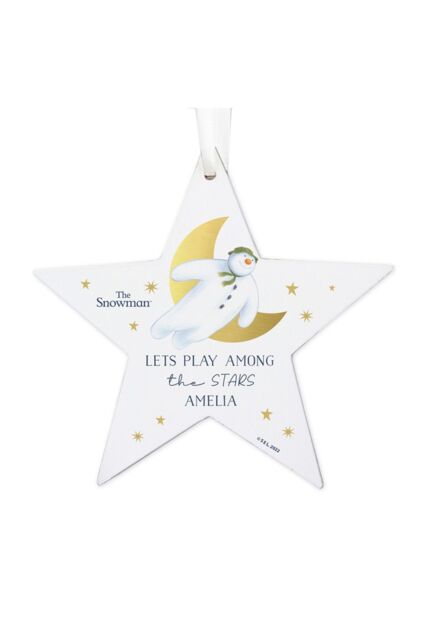 Personalised Memento Company Personalised The Snowman® Gold Moon Wooden Star Decoration in Brown - image 1
