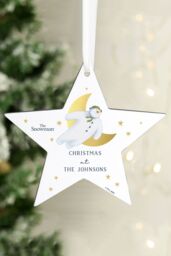 Personalised Memento Company Personalised The Snowman® Gold Moon Wooden Star Decoration in Brown - thumbnail 3