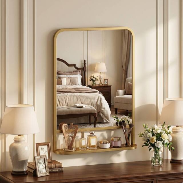 HOMCOM Rectangle Wall Mirror with Shelf 70 x 50 cm, for Living Room, Bedroom in Gold - Size: 70 x 50 cm - image 1