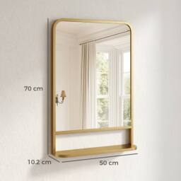 HOMCOM Rectangle Wall Mirror with Shelf 70 x 50 cm, for Living Room, Bedroom in Gold - Size: 70 x 50 cm - thumbnail 3