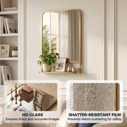 HOMCOM Rectangle Wall Mirror with Shelf 70 x 50 cm, for Living Room, Bedroom in Gold - Size: 70 x 50 cm - thumbnail 4