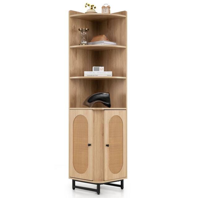 Costway PE Rattan Corner Cabinet 172 cm Tall Corner Bookcase with 2 Doors in Natural - image 1