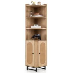 Costway PE Rattan Corner Cabinet 172 cm Tall Corner Bookcase with 2 Doors in Natural - thumbnail 1