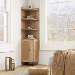 Costway PE Rattan Corner Cabinet 172 cm Tall Corner Bookcase with 2 Doors in Natural - thumbnail 3