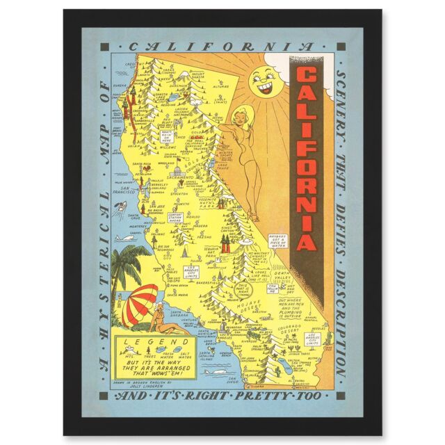 Artery8 Hysterical Map Lindgren 1948 California Pictorial Artwork Framed Wall Art Print A4 in Black - image 1