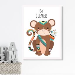 ARTZE Be Clever Monkey Tribal Animal Quote Framed Print SIZE: A2 with White Frame in Brown - thumbnail 2