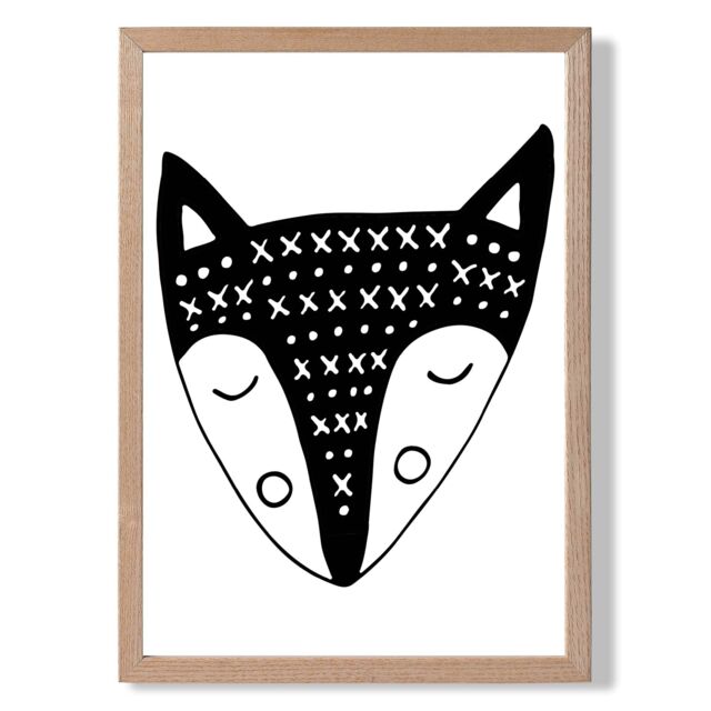 ARTZE Cute Black Fox Scandi Animal Framed Print SIZE: A4 with Oak Frame - image 1