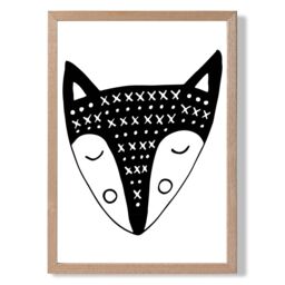 ARTZE Cute Black Fox Scandi Animal Framed Print SIZE: A4 with Oak Frame - thumbnail 1
