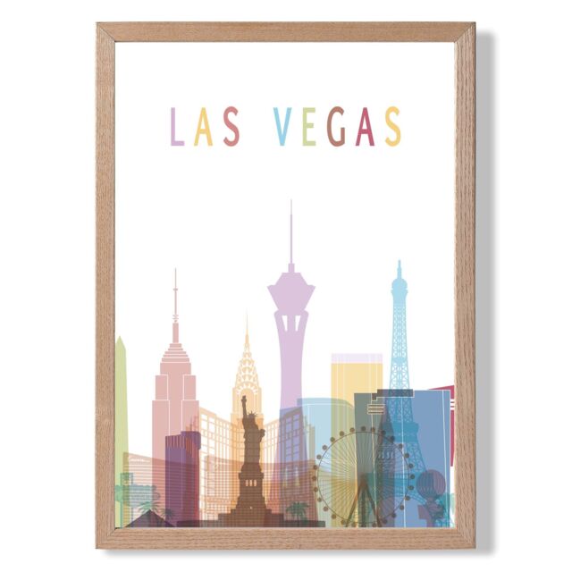 ARTZE Las Vegas Colourful City Skyline Framed Print SIZE: A4 with Oak Frame in Pale Blue - image 1