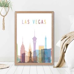 ARTZE Las Vegas Colourful City Skyline Framed Print SIZE: A4 with Oak Frame in Pale Blue - thumbnail 2