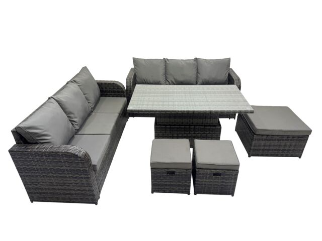 Fimous Rattan Garden Furniture Dining Set 9-seater with 3 Footstools in Dark Grey - image 1