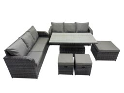Fimous Rattan Garden Furniture Dining Set 9-seater with 3 Footstools in Dark Grey - thumbnail 1