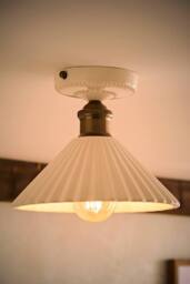ValueLights Burford White Ceramic Ribbed Semi Flush Ceiling Light with Bulb in Cream - thumbnail 1