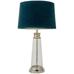 Loops Luxury Table Lamp Textured Hammered Clear Glass & Teal Velvet Fabric Shade Light