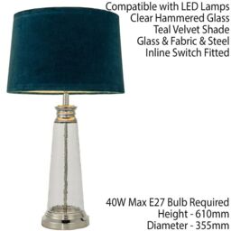 Loops Luxury Table Lamp Textured Hammered Clear Glass & Teal Velvet Fabric Shade Light - thumbnail 2