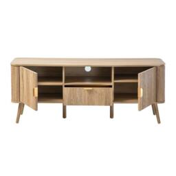 CALICOSY TV Stand With 2 Doors, Oak Effect, Rounded Slat Fronts, 140 Cm Wide -… in Light Brown - thumbnail 2