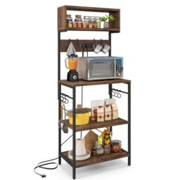 Costway Kitchen Bakers Rack 153 cm Tall Microwave Stand w/Power Outlet in Brown