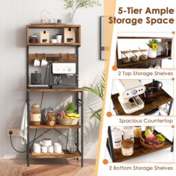 Costway Kitchen Bakers Rack 153 cm Tall Microwave Stand w/Power Outlet in Brown - thumbnail 4