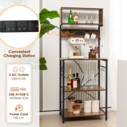 Costway Kitchen Bakers Rack 153 cm Tall Microwave Stand w/Power Outlet in Brown - thumbnail 7