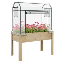 NESTLUNE Wooden Raised Planter, Garden Bed with Greenhouse in Natural - Size: 1.25kg