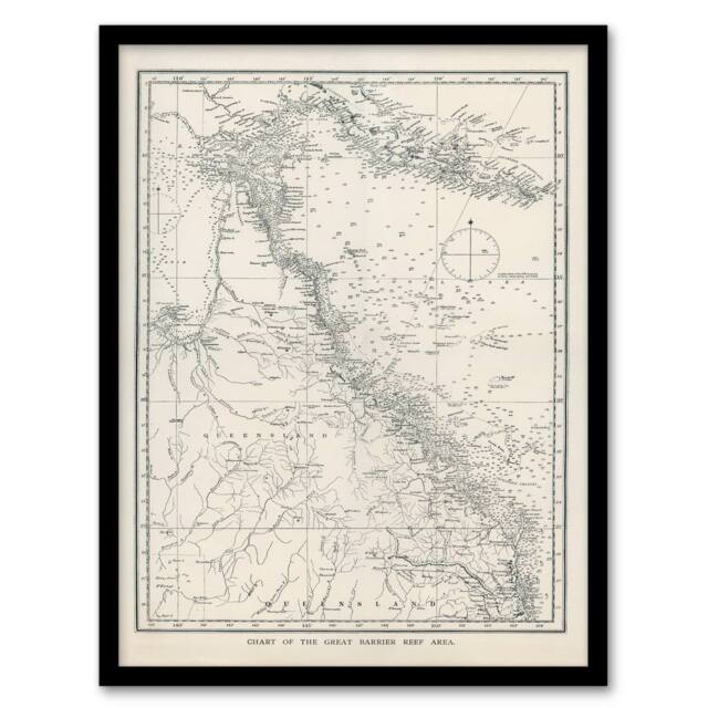Artery8 William S Kent Framed Wall Art Great Barrier Reef Area Chart Map in White - Size: A4 - image 1