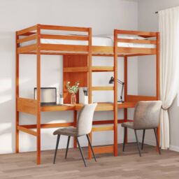 Berkfield Home Loft Bed Frame with Desk & Shelves Wax Brown 90x200cm Solid Wood Pine - Size: 90x200 cm - thumbnail 3