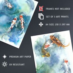 Artery8 Wall Art Print Japanese Koi Carp Fish Watercolour Set Of 3 s Bathroom Bedroom Aesthetic Goldfish A4 - thumbnail 4