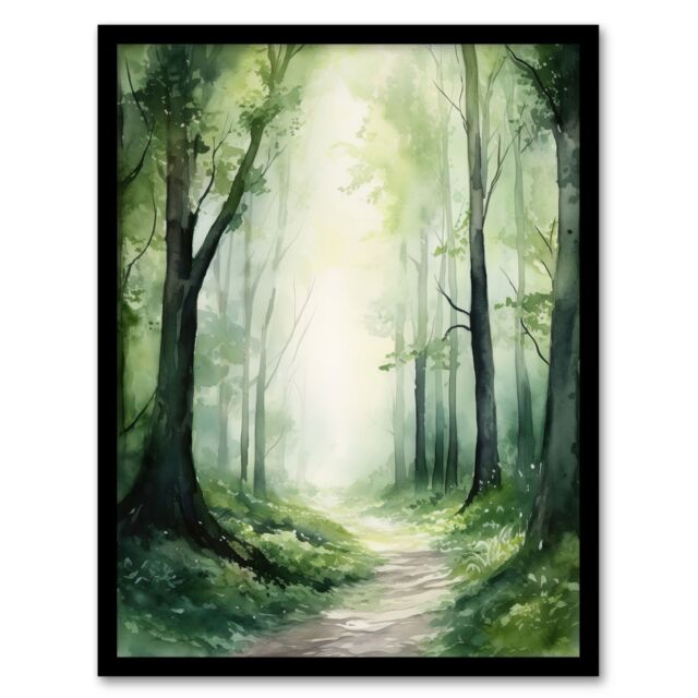 Artery8 Sage Green Springtime By Kath Raymond Forest Trees Soft & Dreamy Watercolour Painting Art Print Framed Poster Wall Decor 12x16 inch - image 1
