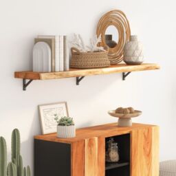Berkfield Home Wall Shelf 120x20x3.8 cm Rectangular Solid Wood Acacia Live Edge in Brown - thumbnail 1