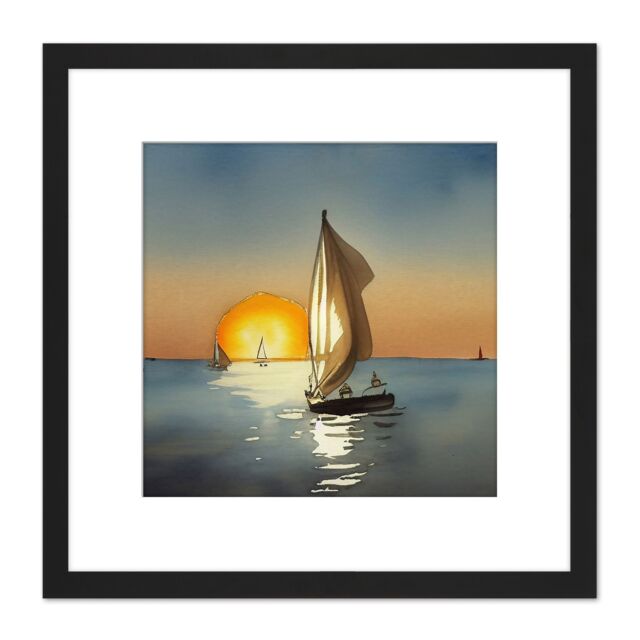 Artery8 Boats Sailing Calm Sunset Seascape Ocean Watercolour Painting Square Wooden Framed Wall Art Print Picture 8X8 Inch in Black - image 1