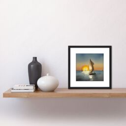 Artery8 Boats Sailing Calm Sunset Seascape Ocean Watercolour Painting Square Wooden Framed Wall Art Print Picture 8X8 Inch in Black - thumbnail 2