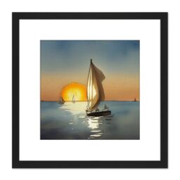 Artery8 Boats Sailing Calm Sunset Seascape Ocean Watercolour Painting Square Wooden Framed Wall Art Print Picture 8X8 Inch in Black - thumbnail 1