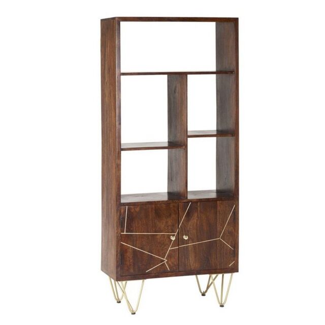 Indian Hub Large Bookcase with 2 Door - Solid Mango Wood - L35 x W80 x H180 cm - Dark Gold in Brown - image 1