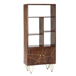 Indian Hub Large Bookcase with 2 Door - Solid Mango Wood - L35 x W80 x H180 cm - Dark Gold in Brown - thumbnail 1