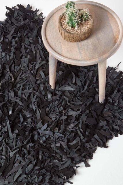 Homescapes Dallas Leather Shaggy Rug in Black - Size: 120 cm x 180 cm - image 1