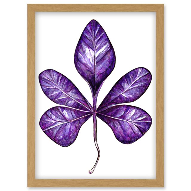 Artery8 Purple on White Money Tree Leaf Modern Simple Illustration Artwork Framed Wall Art Print A4 in Light Oak - image 1