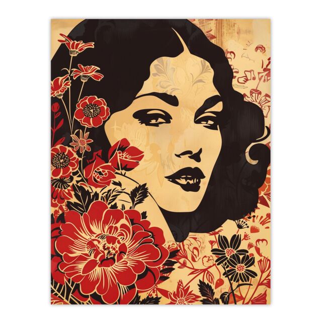 "Artery8 Beauty in Bloom Woman Floral Portrait Design Wall Art Print in Beige - Size: W12"" x H16""" - image 1